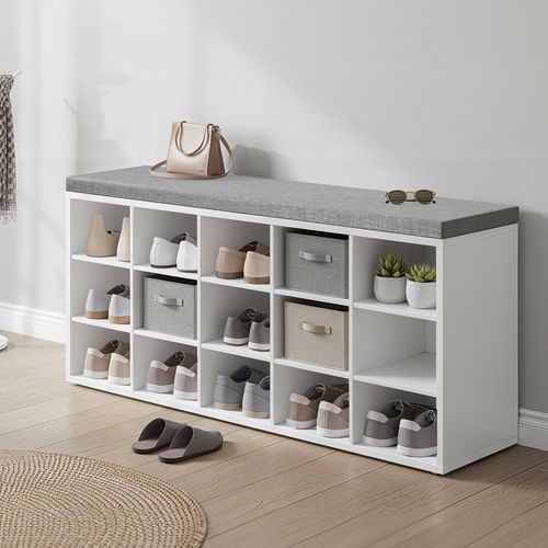 Banc à Chaussures, Avec Siège Rembourré, 15 Compartiments, étagères Réglables, Blanc