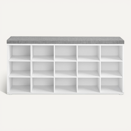 Banc à Chaussures, Avec Siège Rembourré, 15 Compartiments, étagères Réglables, Blanc