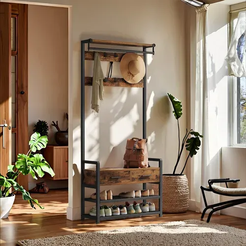Porte-manteau Avec Banc Et Rangement Pour Chaussures, 30 X 80,4 X 181,6 Cm, Marron Et Noir