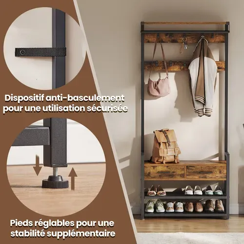 Porte-manteau Avec Banc Et Rangement Pour Chaussures, 30 X 80,4 X 181,6 Cm, Marron Et Noir