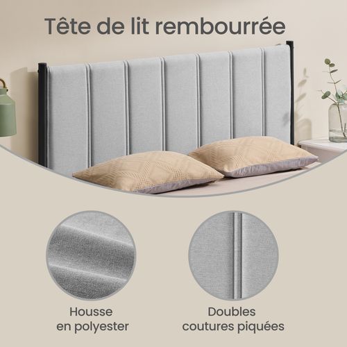 Cadre De Lit Double, 140 X 190 Cm, Avec Tête De Lit Rembourrée, Supporte Jusqu'à 500 Kg, Gris