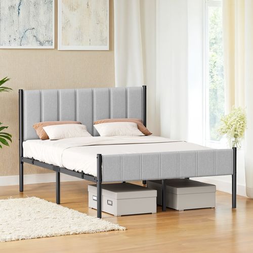 Cadre De Lit Double, 140 X 190 Cm, Avec Tête De Lit Rembourrée, Supporte Jusqu'à 500 Kg, Gris