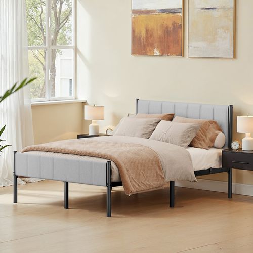 Cadre De Lit Double, 140 X 190 Cm, Avec Tête De Lit Rembourrée, Supporte Jusqu'à 500 Kg, Gris