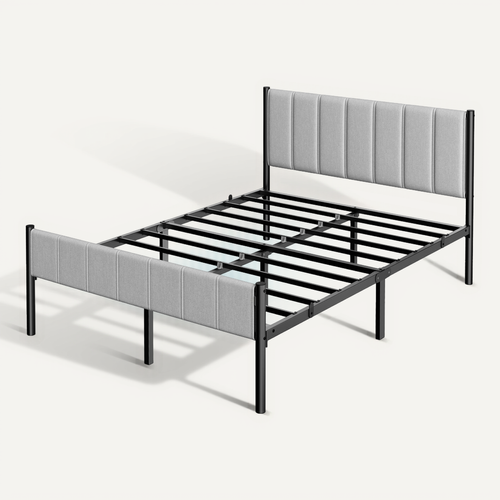 Cadre De Lit Double, 140 X 190 Cm, Avec Tête De Lit Rembourrée, Supporte Jusqu'à 500 Kg, Gris