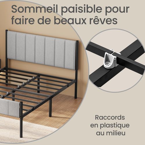 Cadre De Lit Double, 140 X 190 Cm, Avec Tête De Lit Rembourrée, Supporte Jusqu'à 500 Kg, Gris