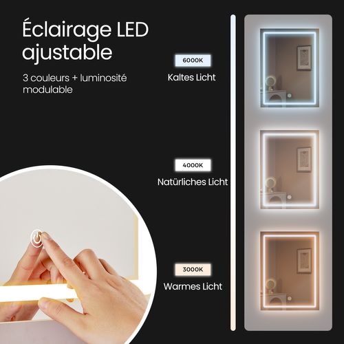 Coiffeuse Avec Tabouret, Miroir LED, 3 Luminosités Réglables, Tiroirs, Compartiments Ouverts, Blanc