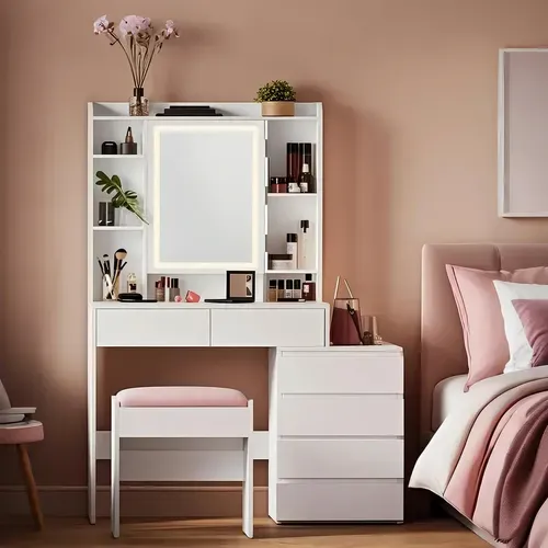 Coiffeuse Avec Tabouret, Miroir LED, 3 Luminosités Réglables, Tiroirs, Compartiments Ouverts, Blanc