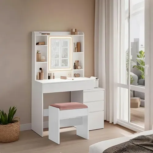 Coiffeuse Avec Tabouret, Miroir LED, 3 Luminosités Réglables, Tiroirs, Compartiments Ouverts, Blanc