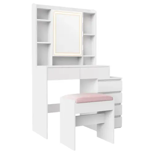 Coiffeuse Avec Tabouret, Miroir LED, 3 Luminosités Réglables, Tiroirs, Compartiments Ouverts, Blanc