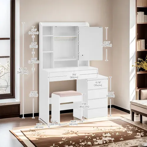 Coiffeuse Avec Tabouret, Miroir LED, 3 Luminosités Réglables, Tiroirs, Compartiments Ouverts, Blanc