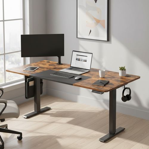 Bureau Réglable En Hauteur, 180 X 80 Cm, Fonction Mémoire, Port USB-c, Marron Et Noir