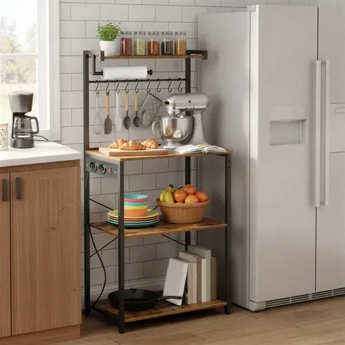 Meuble De Rangement De Cuisine, Étagère Réglable Avec Multiprise Et Crochets, 4 Niveaux, Marron