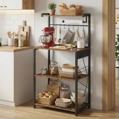 Meuble De Rangement De Cuisine, Étagère Réglable Avec Multiprise Et Crochets, 4 Niveaux, Marron