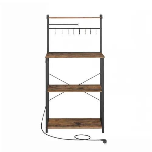 Meuble De Rangement De Cuisine, Étagère Réglable Avec Multiprise Et Crochets, 4 Niveaux, Marron