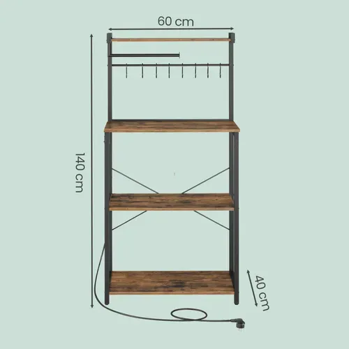 Meuble De Rangement De Cuisine, Étagère Réglable Avec Multiprise Et Crochets, 4 Niveaux, Marron