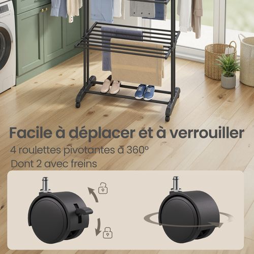 étendoir à Linge à 4 Niveaux, Séchoir Pliable à Roulettes, 63,5 X 128 X 173 Cm, Noir