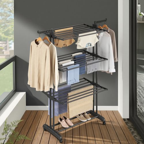 étendoir à Linge à 4 Niveaux, Séchoir Pliable à Roulettes, 63,5 X 128 X 173 Cm, Noir