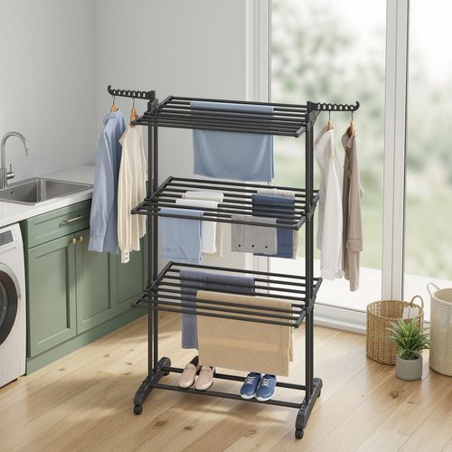 étendoir à Linge à 4 Niveaux, Séchoir Pliable à Roulettes, 63,5 X 128 X 173 Cm, Noir