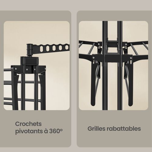 étendoir à Linge à 4 Niveaux, Séchoir Pliable à Roulettes, 63,5 X 128 X 173 Cm, Noir