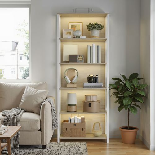étagère, Bibliothèque LED à Lumière Réglable, Cadre En Acier, 30,3 X 60 X 178,6 Cm, Beige