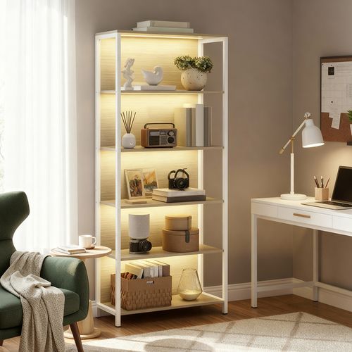 étagère, Bibliothèque LED à Lumière Réglable, Cadre En Acier, 30,3 X 60 X 178,6 Cm, Beige
