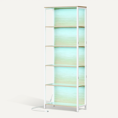 étagère, Bibliothèque LED à Lumière Réglable, Cadre En Acier, 30,3 X 60 X 178,6 Cm, Beige
