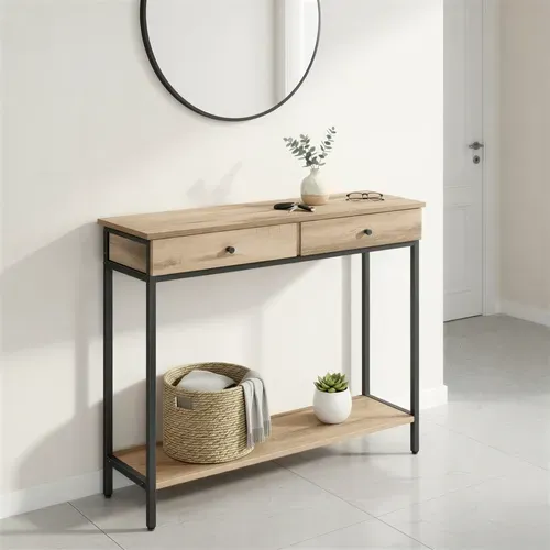 Console D’entrée Industrielle, Avec 2 Tiroirs, Table Basse En Acier, Camel Et Noir