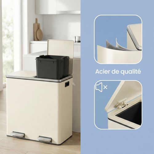 Poubelle De Tri 60 L Avec 2 Compartiments, Seaux Intérieurs Amovibles, Sacs Inclus, Blanc