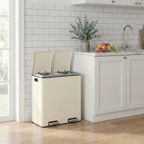 Poubelle De Tri 60 L Avec 2 Compartiments, Seaux Intérieurs Amovibles, Sacs Inclus, Blanc