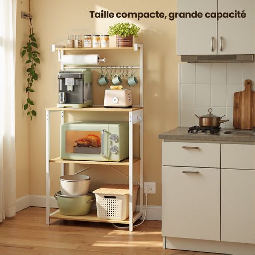 Étagère De Cuisine à 4 Niveaux Avec Tablette Réglable, Prise Électrique, Chêne