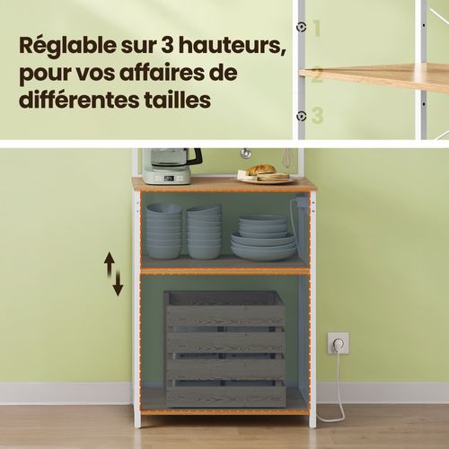 Étagère De Cuisine à 4 Niveaux Avec Tablette Réglable, Prise Électrique, Chêne