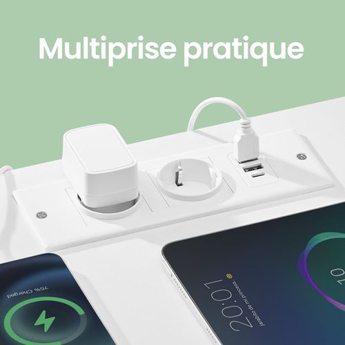 Table De Chevet Avec Éclairage LED Et Multiprise, 3 Tiroirs Et 1 Compartiment Ouvert, Blanc