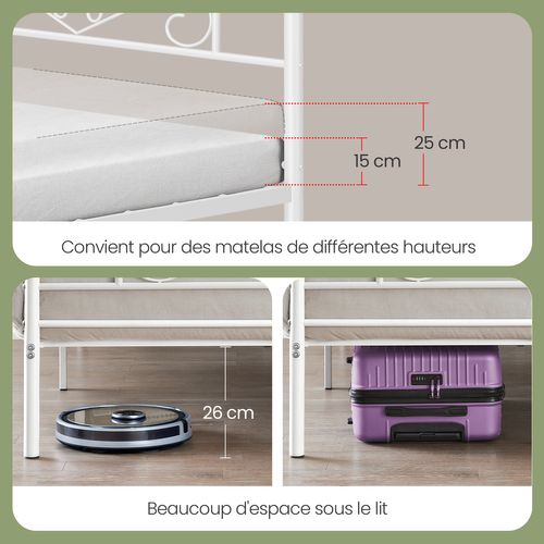Lit Double Métallique 140 X 190 Cm, Sommier Inclus, Cadre Robuste, Montage Facile, Blanc