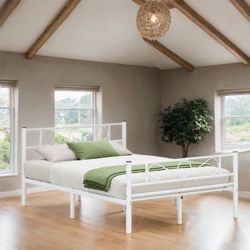Lit Double Métallique 140 X 190 Cm, Sommier Inclus, Cadre Robuste, Montage Facile, Blanc