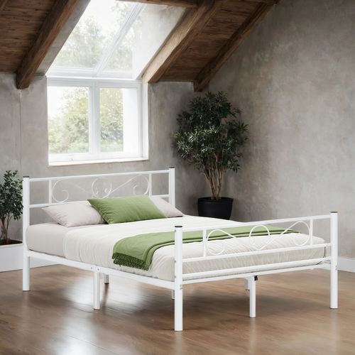 Lit Double Métallique 140 X 190 Cm, Sommier Inclus, Cadre Robuste, Montage Facile, Blanc