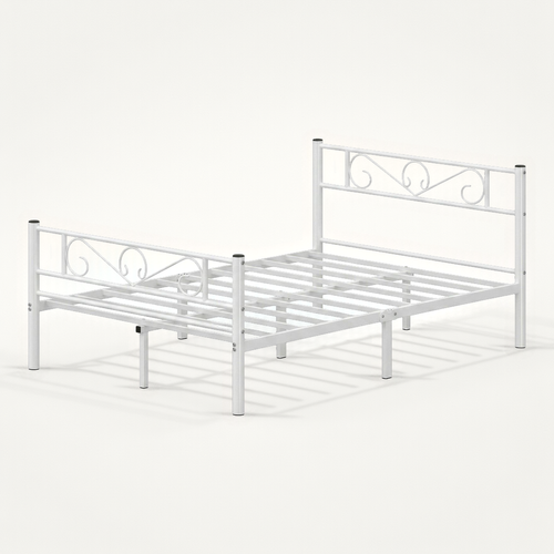 Lit Double Métallique 140 X 190 Cm, Sommier Inclus, Cadre Robuste, Montage Facile, Blanc