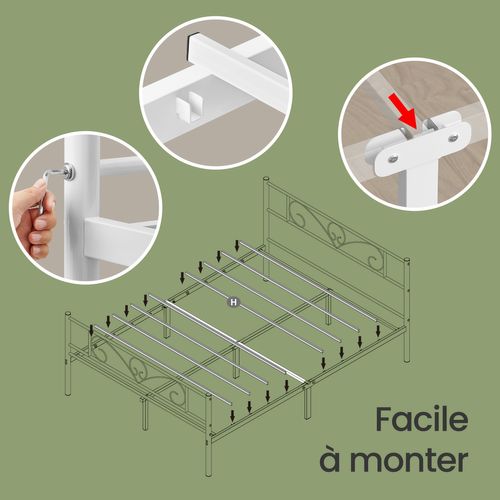 Lit Double Métallique 140 X 190 Cm, Sommier Inclus, Cadre Robuste, Montage Facile, Blanc