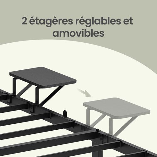 Lit En Métal, 140 X 190 Cm Avec Sommier, étagères De Rangement, Tête De Lit, Facile à Monter, Noir