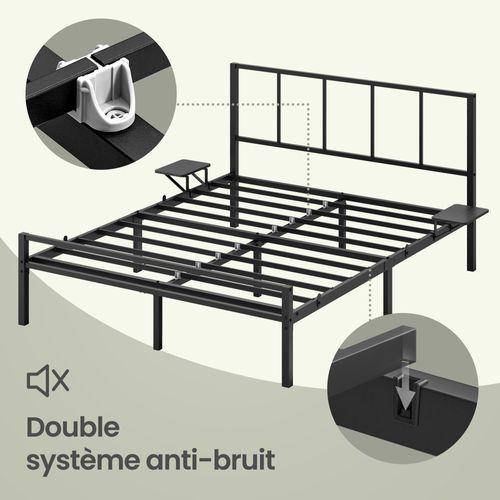 Lit En Métal, 140 X 190 Cm Avec Sommier, étagères De Rangement, Tête De Lit, Facile à Monter, Noir