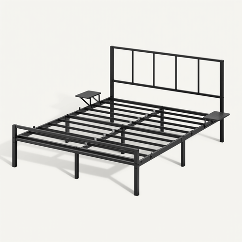 Lit En Métal, 140 X 190 Cm Avec Sommier, étagères De Rangement, Tête De Lit, Facile à Monter, Noir