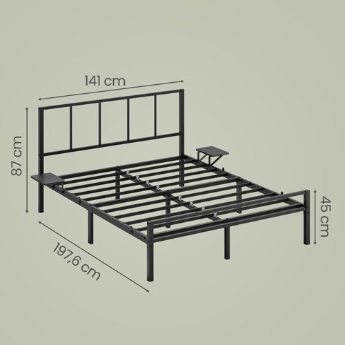 Lit En Métal, 140 X 190 Cm Avec Sommier, étagères De Rangement, Tête De Lit, Facile à Monter, Noir