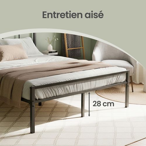 Lit En Métal, 140 X 190 Cm Avec Sommier, étagères De Rangement, Tête De Lit, Facile à Monter, Noir