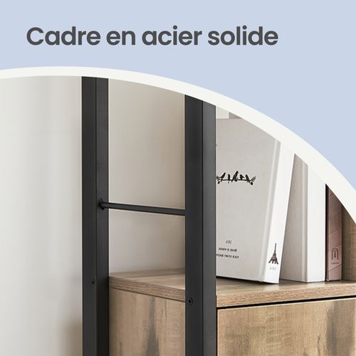 étagère, Bibliothèque à 4 Niveaux, Avec Portes, Cadre En Acier, Marron Boisé Et Noir