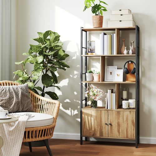 étagère, Bibliothèque à 4 Niveaux, Avec Portes, Cadre En Acier, Marron Boisé Et Noir