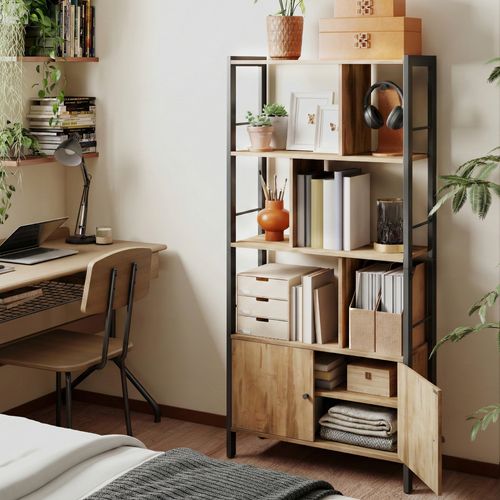 étagère, Bibliothèque à 4 Niveaux, Avec Portes, Cadre En Acier, Marron Boisé Et Noir