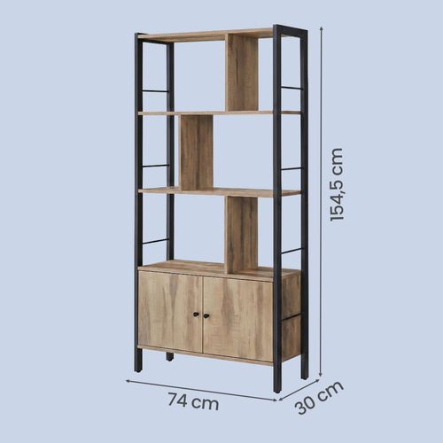 étagère, Bibliothèque à 4 Niveaux, Avec Portes, Cadre En Acier, Marron Boisé Et Noir