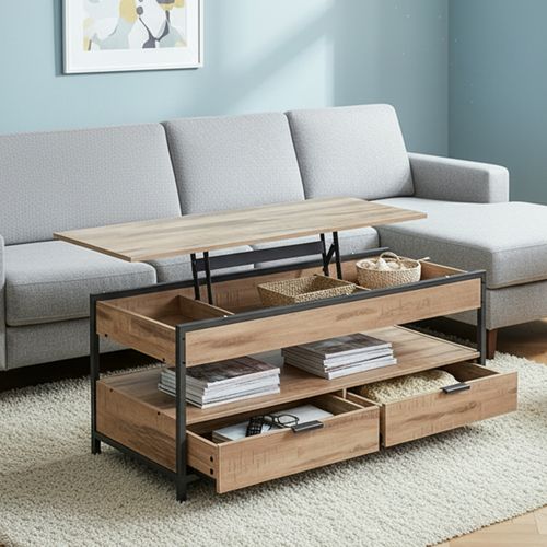 Table De Café Avec Rangement Ouvert, Plateau Relevable, Tiroirs, Compartiment Caché, Marron Et Noir