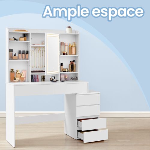 Coiffeuse, Avec Grand Miroir LED à Luminosité Réglable, 40 X 118,3 X 145 Cm, Blanc