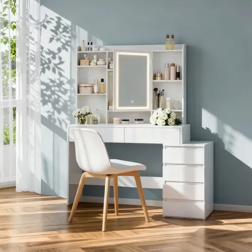 Coiffeuse, Avec Grand Miroir LED à Luminosité Réglable, 40 X 118,3 X 145 Cm, Blanc