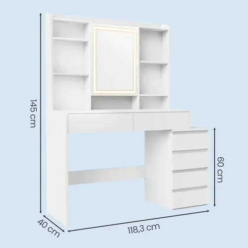 Coiffeuse, Avec Grand Miroir LED à Luminosité Réglable, 40 X 118,3 X 145 Cm, Blanc
